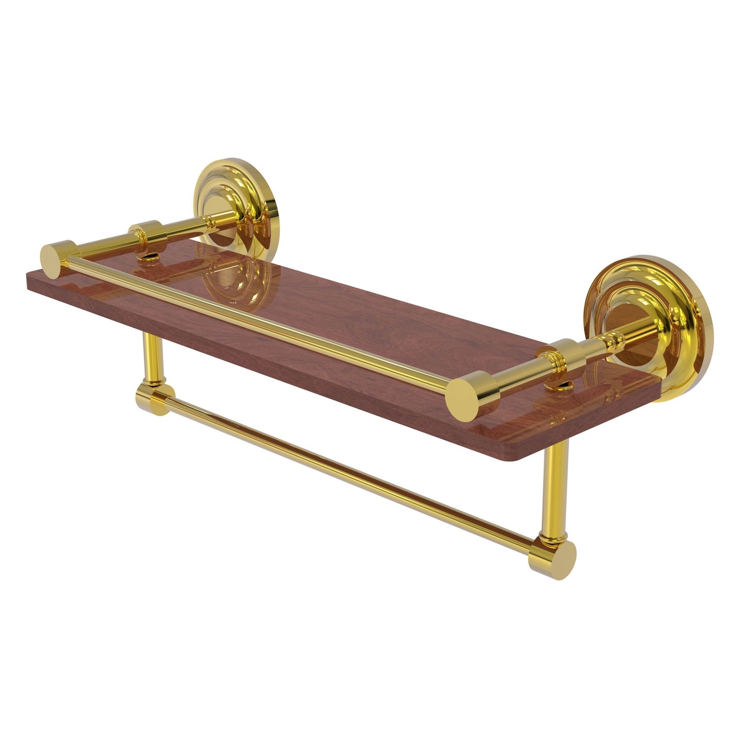 Allied Brass Que New 16" x 5" Polished Brass Solid Brass 16-Inch IPE Ironwood Shelf With Gallery Rail and Towel Bar