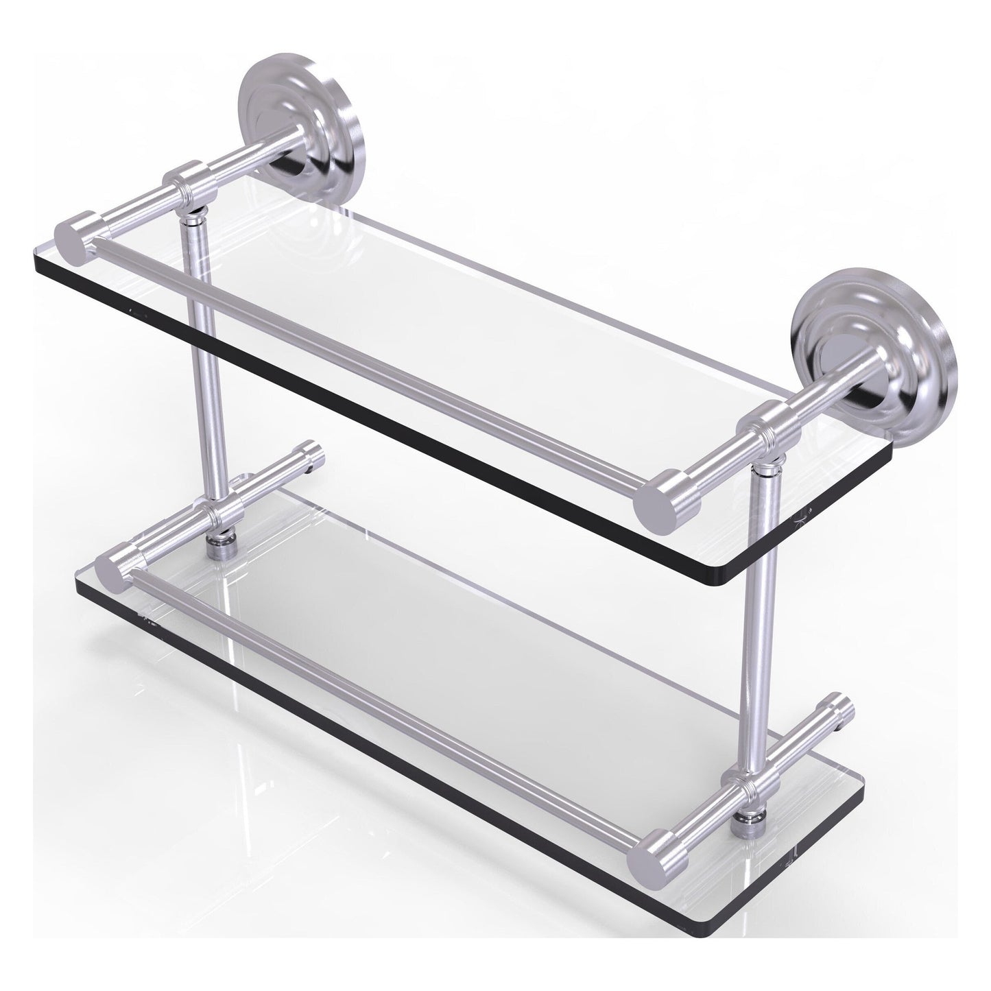 Allied Brass Que New 16" x 5" Satin Chrome Solid Brass 16-Inch Double Glass Shelf With Gallery Rail