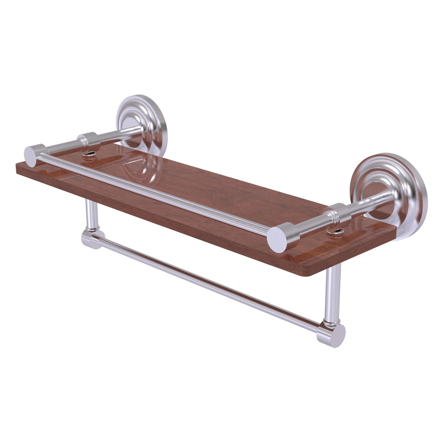 Allied Brass Que New 16" x 5" Satin Chrome Solid Brass 16-Inch IPE Ironwood Shelf With Gallery Rail and Towel Bar