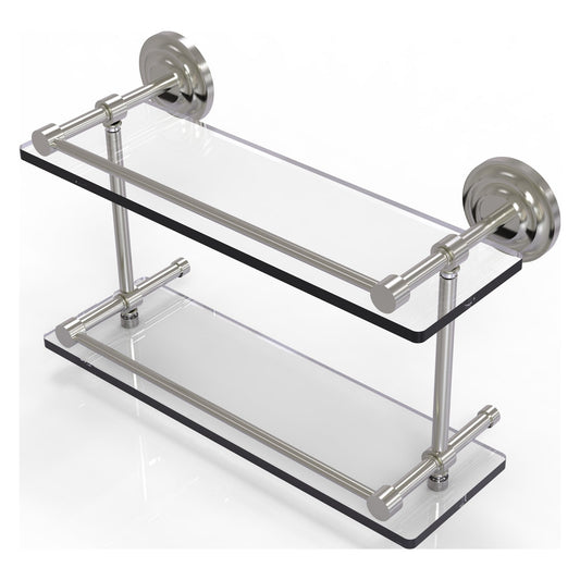 Allied Brass Que New 16" x 5" Satin Nickel Solid Brass 16-Inch Double Glass Shelf With Gallery Rail