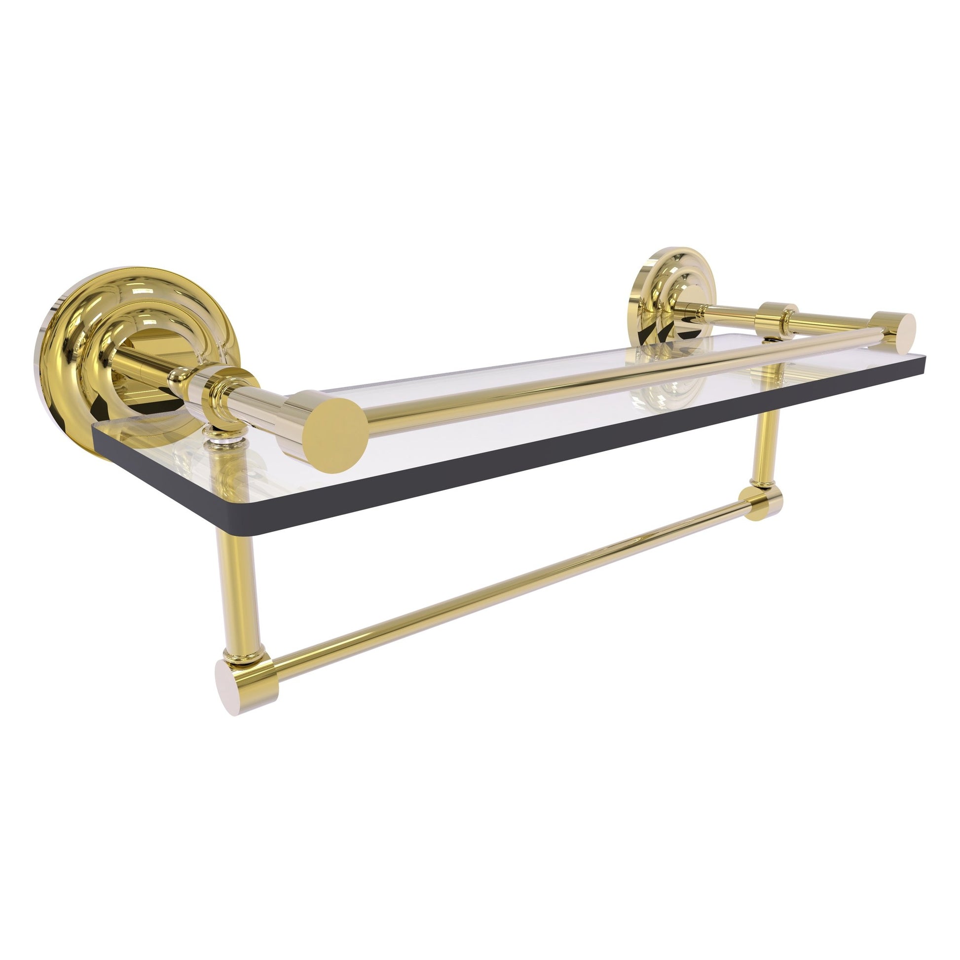 Allied Brass Que New 16" x 5" Unlacquered Brass Solid Brass 16-Inch Gallery Glass Shelf With Towel Bar