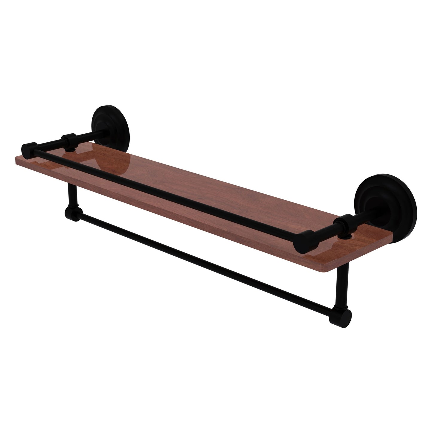 Allied Brass Que New 22" x 5" Matte Black Solid Brass 22-Inch IPE Ironwood Shelf With Gallery Rail and Towel Bar