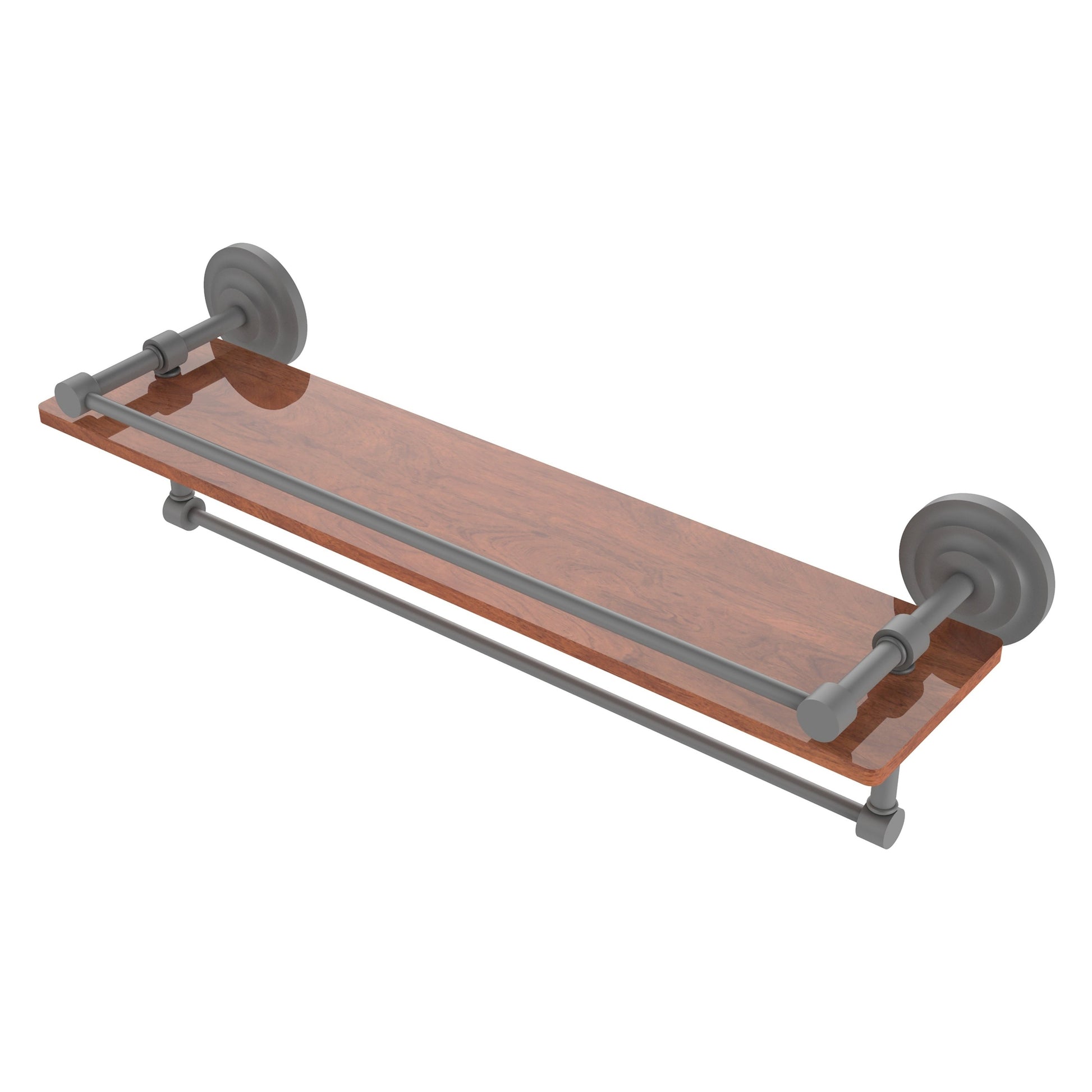 Allied Brass Que New 22" x 5" Matte Gray Solid Brass 22-Inch IPE Ironwood Shelf With Gallery Rail and Towel Bar