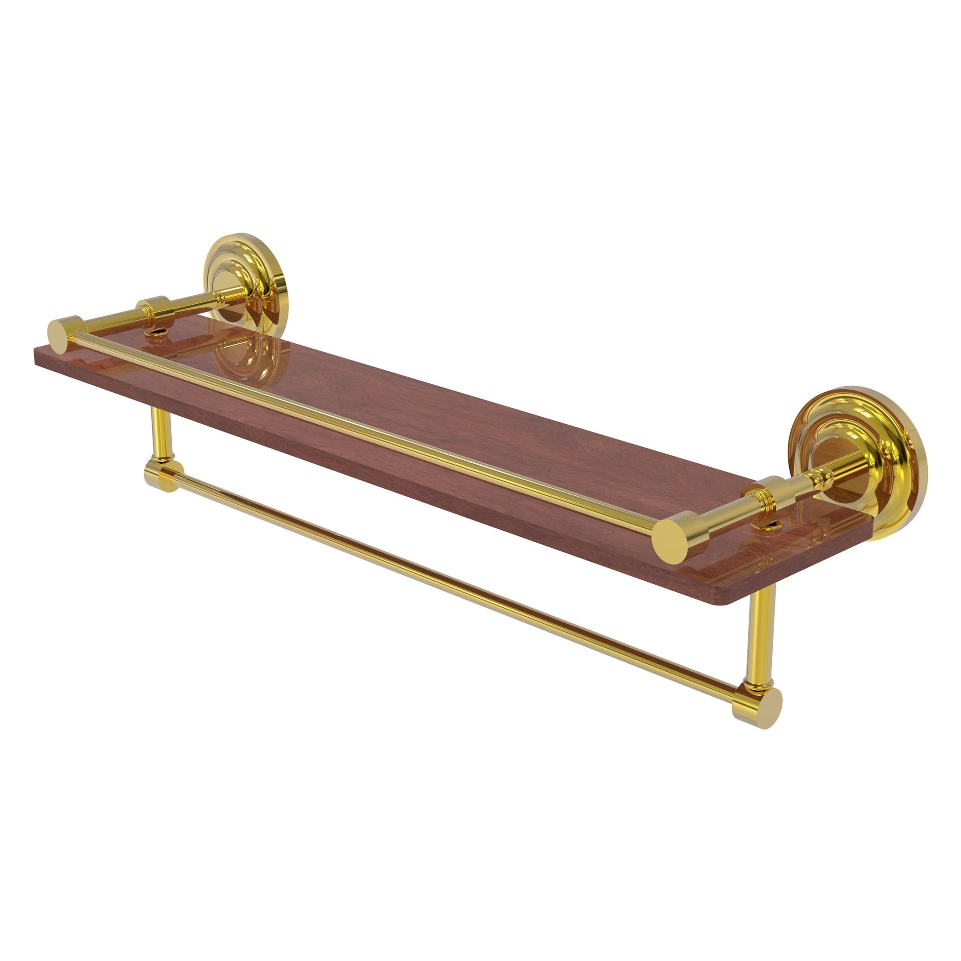 Allied Brass Que New 22" x 5" Polished Brass Solid Brass 22-Inch IPE Ironwood Shelf With Gallery Rail and Towel Bar