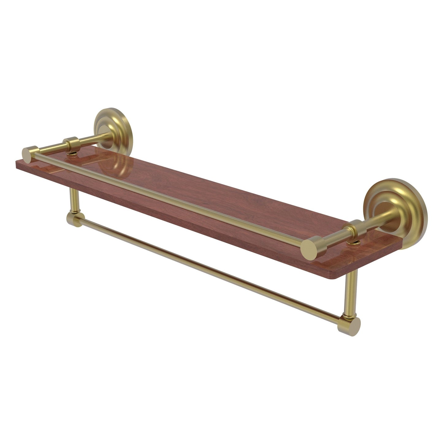 Allied Brass Que New 22" x 5" Satin Brass Solid Brass 22-Inch IPE Ironwood Shelf With Gallery Rail and Towel Bar