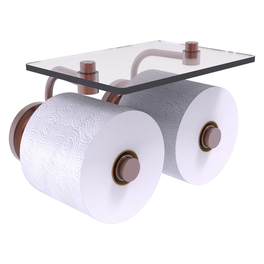 Allied Brass Que New 8.5" x 7.4" Antique Copper Solid Brass 2-Roll Toilet Paper Holder With Glass Shelf