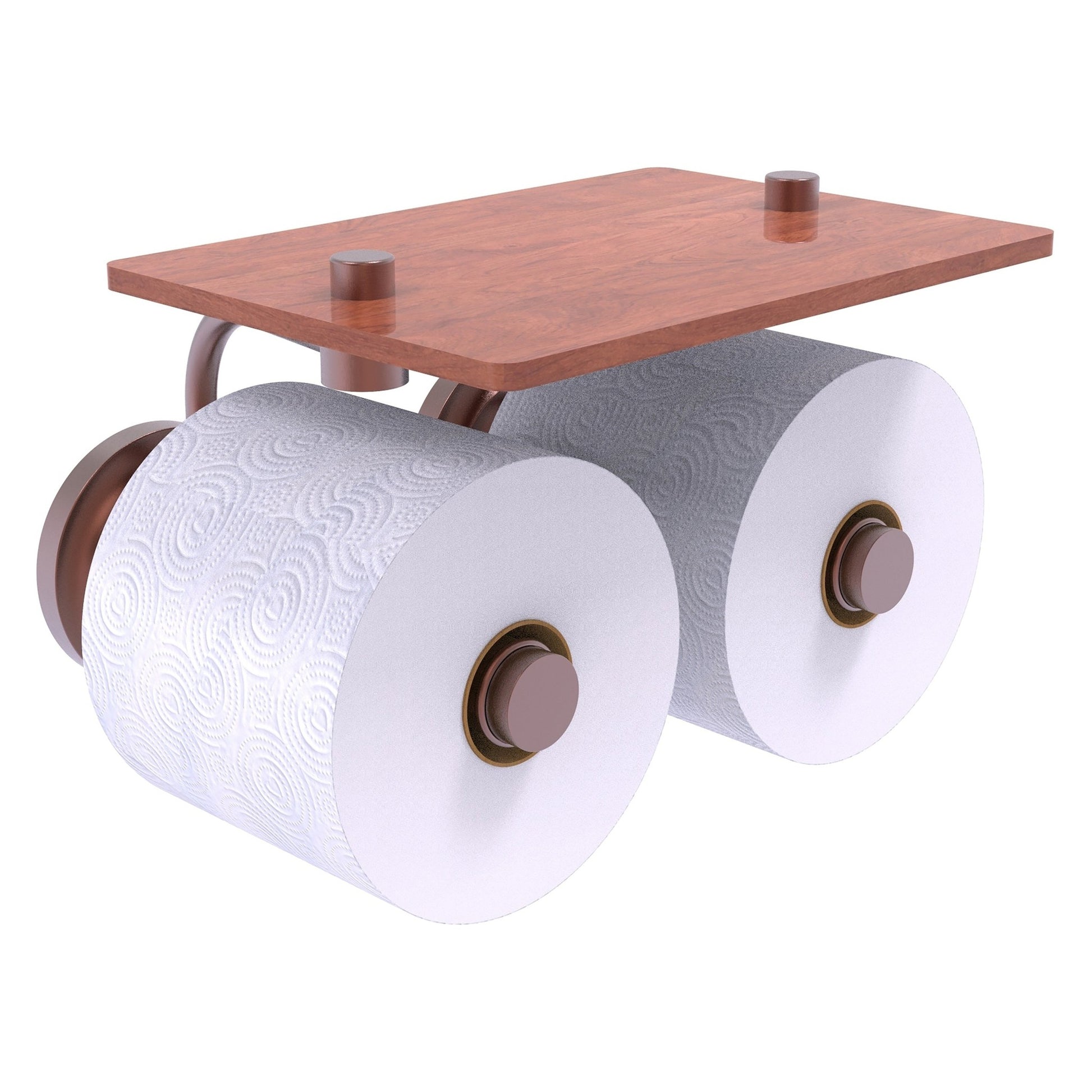 Allied Brass Que New 8.5" x 7.4" Antique Copper Solid Brass 2-Roll Toilet Paper Holder With Wood Shelf