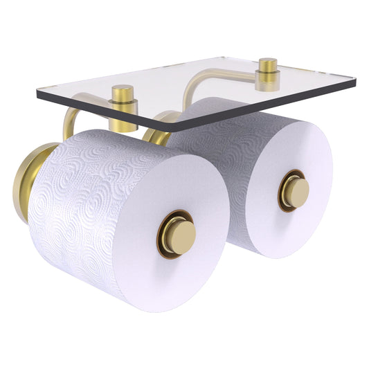 Allied Brass Que New 8.5" x 7.4" Satin Brass Solid Brass 2-Roll Toilet Paper Holder With Glass Shelf