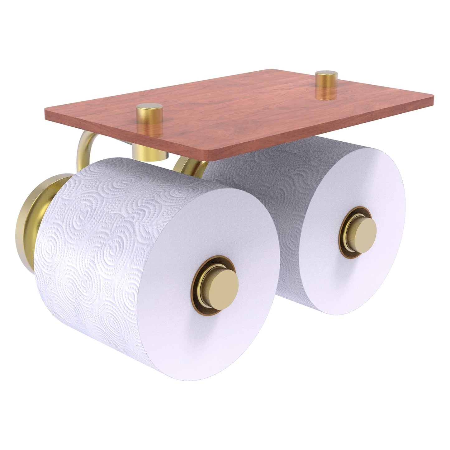 Allied Brass Que New 8.5" x 7.4" Satin Brass Solid Brass 2-Roll Toilet Paper Holder With Wood Shelf