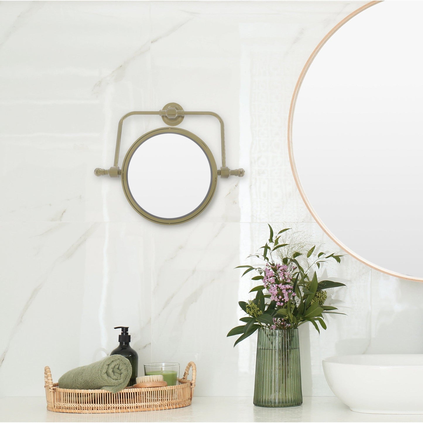 Allied Brass Retro Dot 8" Unlacquered Brass Wall Mounted Swivel Make-Up Mirrors With 2X Magnification