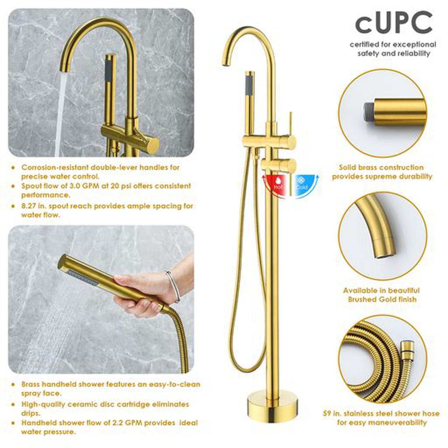 Altair Assens Brushed Gold Double Lever Handle Freestanding Bathtub Faucet With Handshower