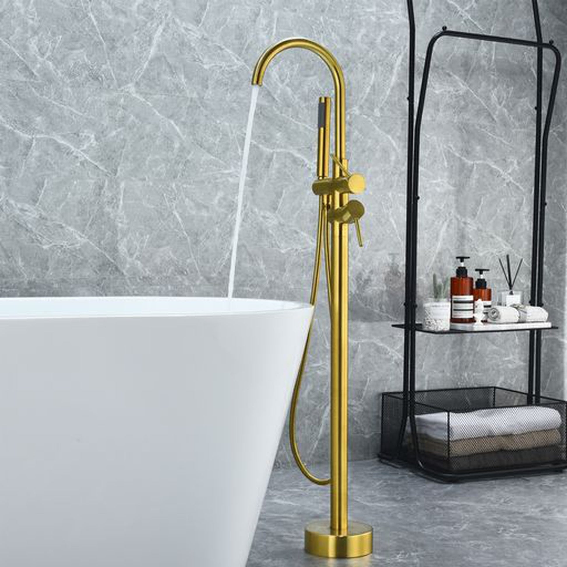 Altair Assens Brushed Gold Double Lever Handle Freestanding Bathtub Faucet With Handshower