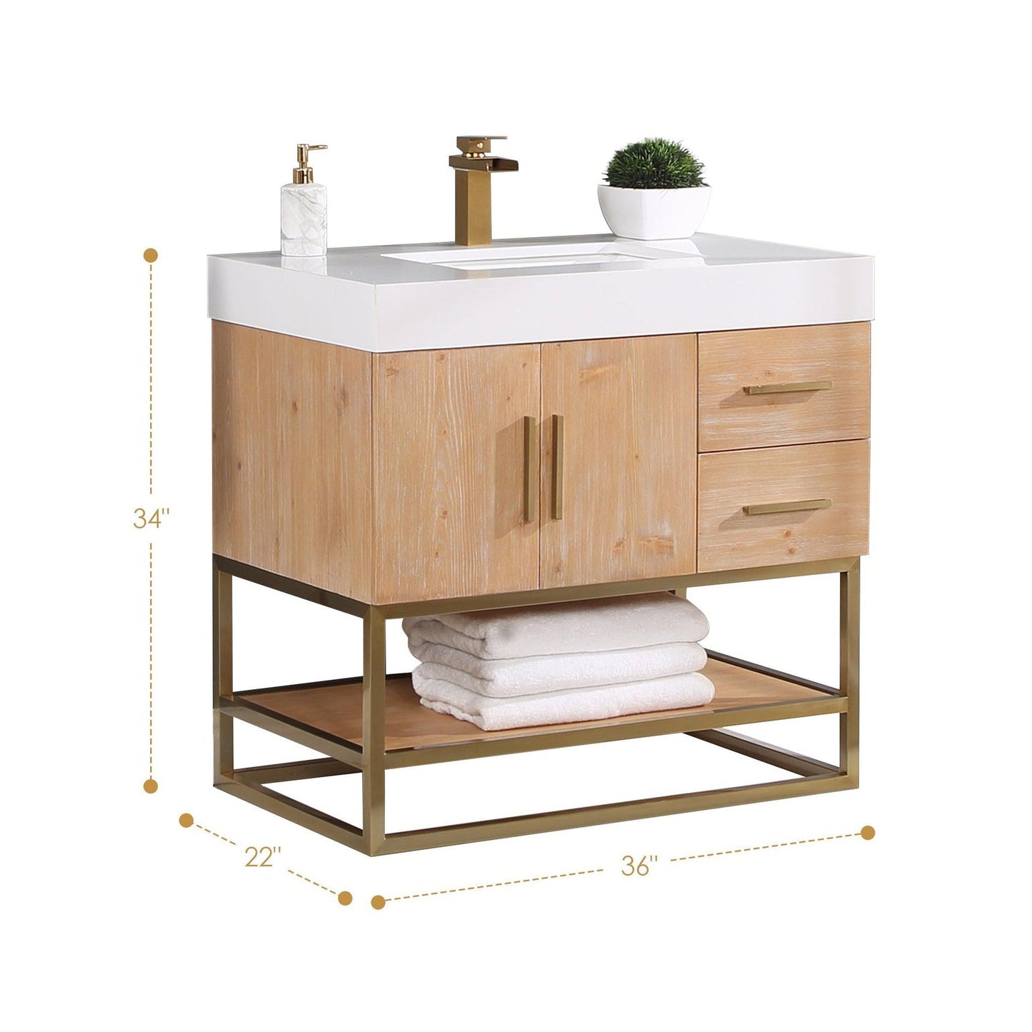 Altair Bianco 36" Light Brown Freestanding Single Bathroom Vanity Set With Brushed Gold Support Base, Mirror, White Composite Stone Top, Single Rectangular Undermount Ceramic Sink, and Overflow