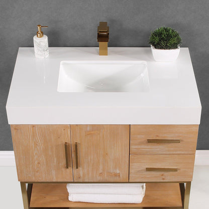 Altair Bianco 36" Light Brown Freestanding Single Bathroom Vanity Set With Brushed Gold Support Base, Mirror, White Composite Stone Top, Single Rectangular Undermount Ceramic Sink, and Overflow