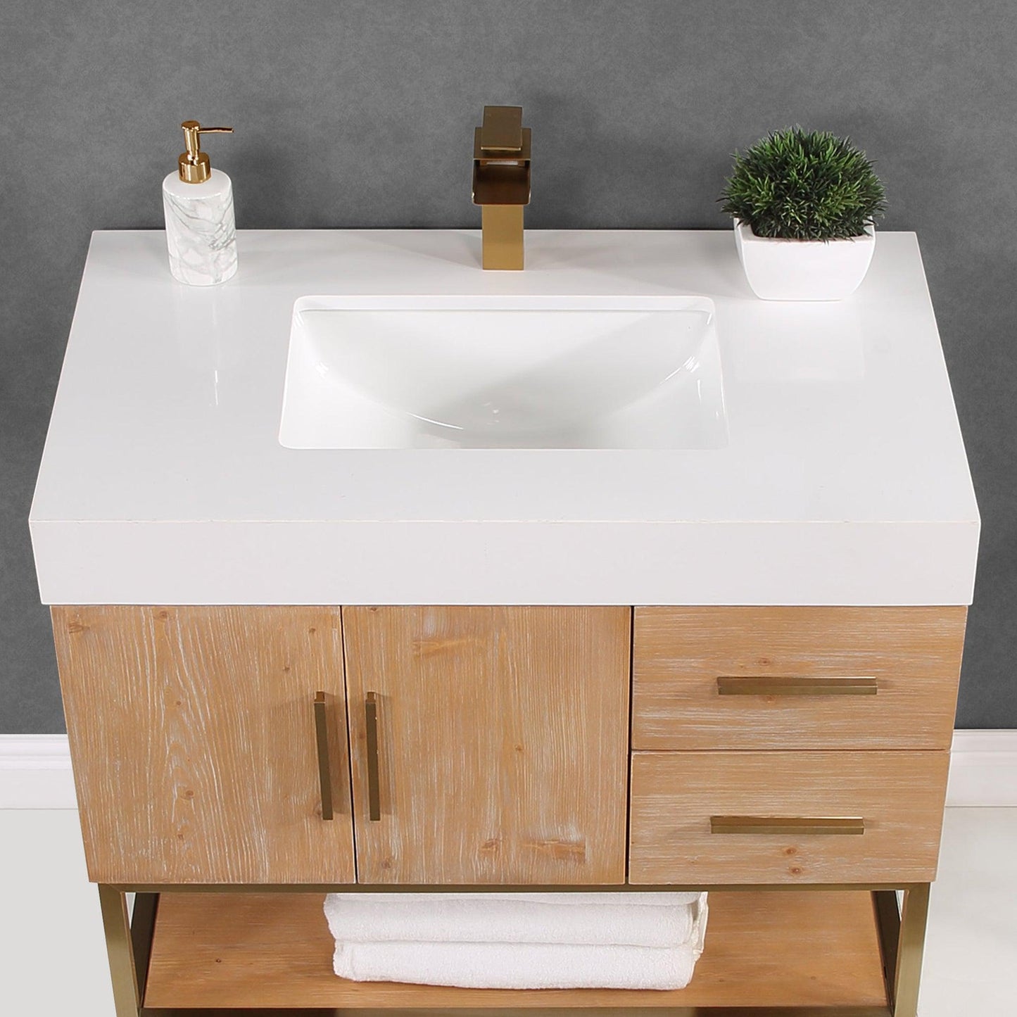 Altair Bianco 36" Light Brown Freestanding Single Bathroom Vanity Set With Brushed Gold Support Base, Mirror, White Composite Stone Top, Single Rectangular Undermount Ceramic Sink, and Overflow