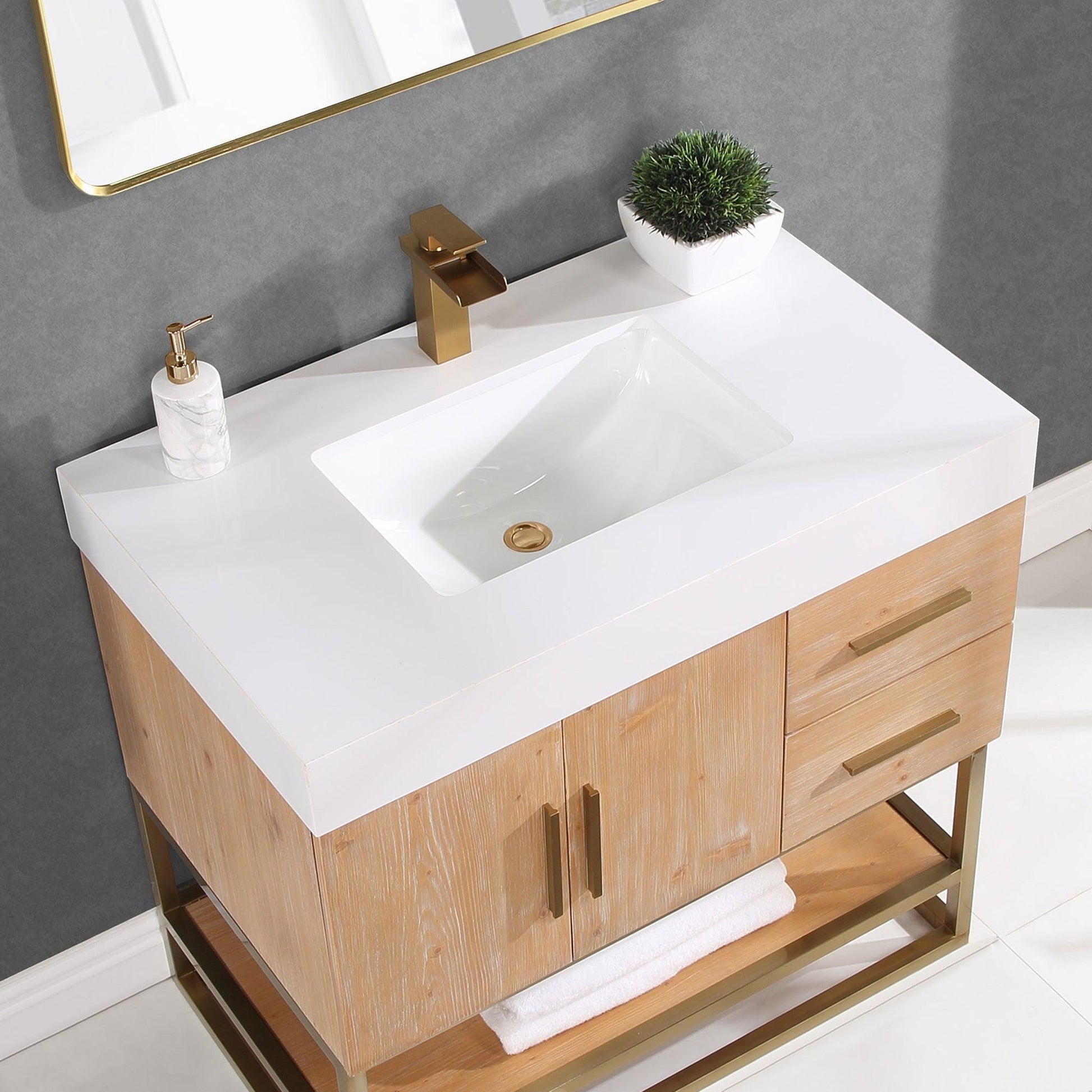 Altair Bianco 36" Light Brown Freestanding Single Bathroom Vanity Set With Brushed Gold Support Base, Mirror, White Composite Stone Top, Single Rectangular Undermount Ceramic Sink, and Overflow