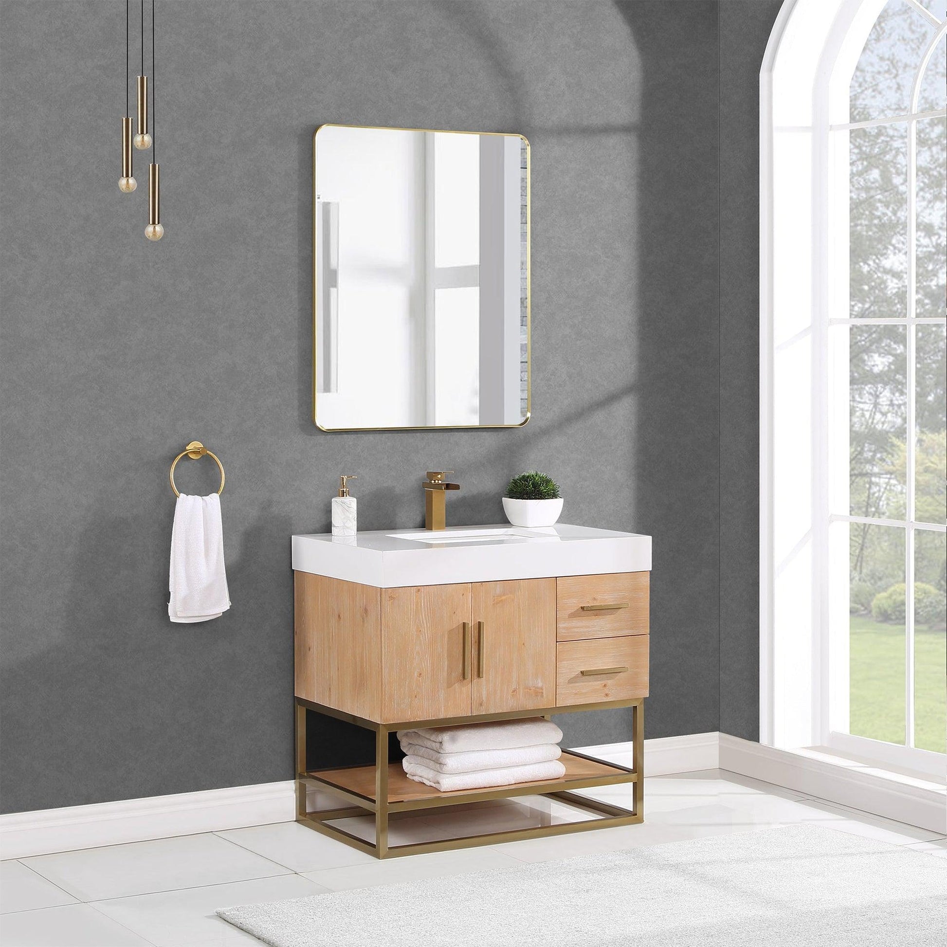 Altair Bianco 36" Light Brown Freestanding Single Bathroom Vanity Set With Brushed Gold Support Base, Mirror, White Composite Stone Top, Single Rectangular Undermount Ceramic Sink, and Overflow