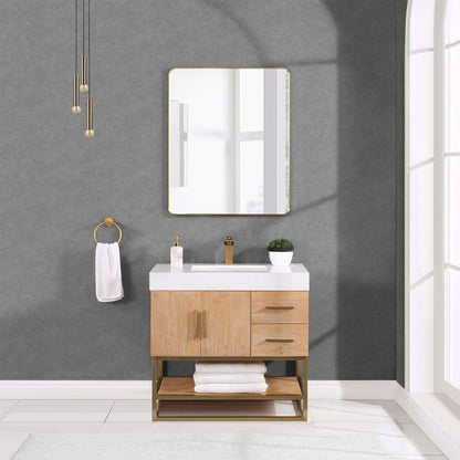 Altair Bianco 36" Light Brown Freestanding Single Bathroom Vanity Set With Brushed Gold Support Base, Mirror, White Composite Stone Top, Single Rectangular Undermount Ceramic Sink, and Overflow