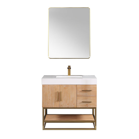 Altair Bianco 36" Light Brown Freestanding Single Bathroom Vanity Set With Brushed Gold Support Base, Mirror, White Composite Stone Top, Single Rectangular Undermount Ceramic Sink, and Overflow