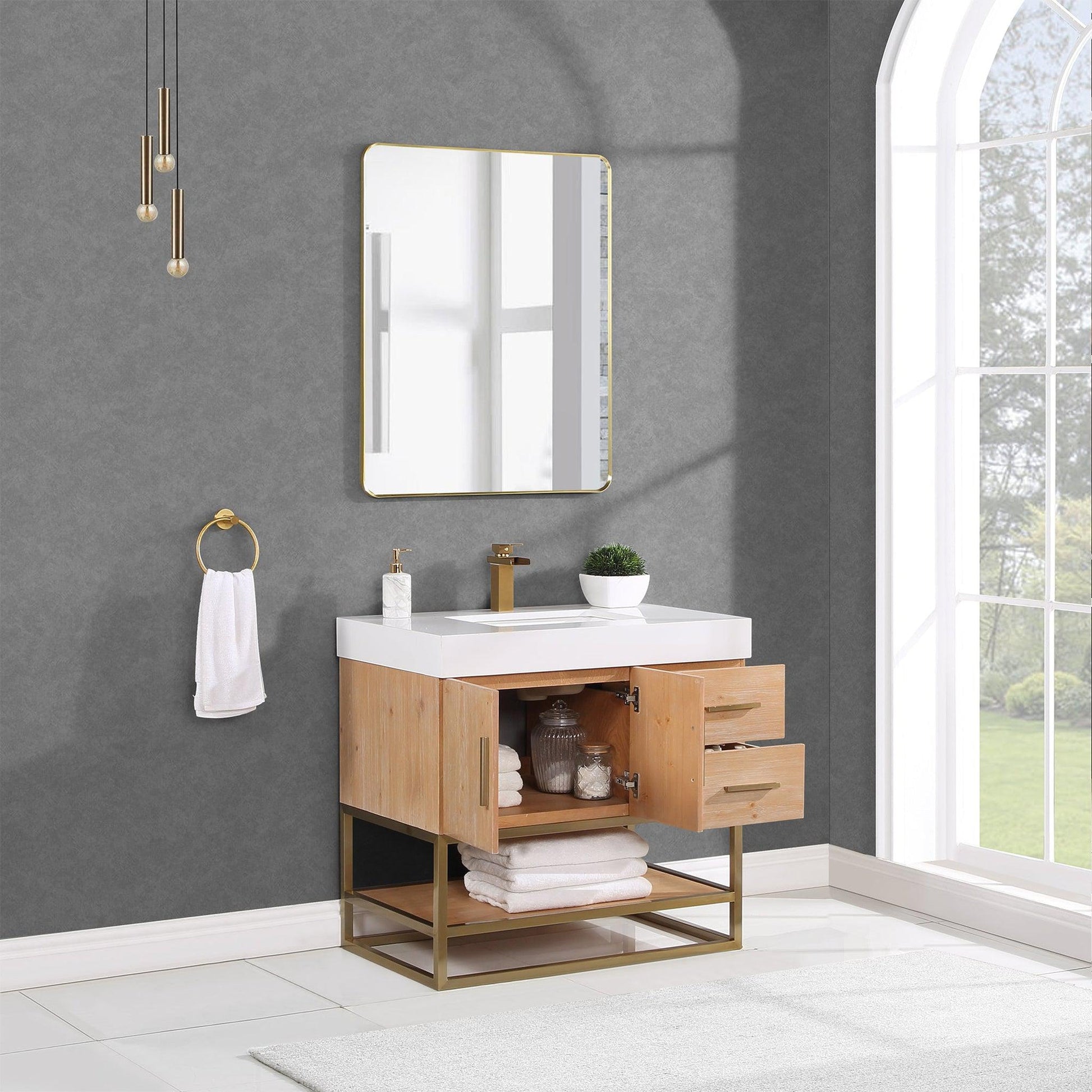 Altair Bianco 36" Light Brown Freestanding Single Bathroom Vanity Set With Brushed Gold Support Base, Mirror, White Composite Stone Top, Single Rectangular Undermount Ceramic Sink, and Overflow