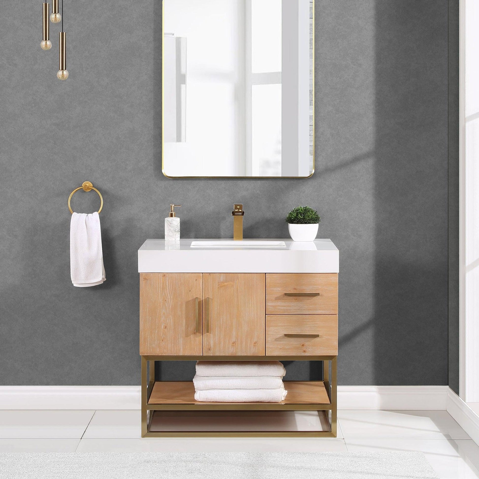 Altair Bianco 36" Light Brown Freestanding Single Bathroom Vanity Set With Brushed Gold Support Base, White Composite Stone Top, Single Rectangular Undermount Ceramic Sink, and Overflow