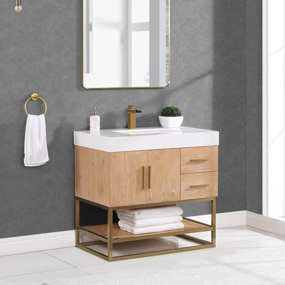 Altair Bianco 36" Light Brown Freestanding Single Bathroom Vanity Set With Brushed Gold Support Base, White Composite Stone Top, Single Rectangular Undermount Ceramic Sink, and Overflow
