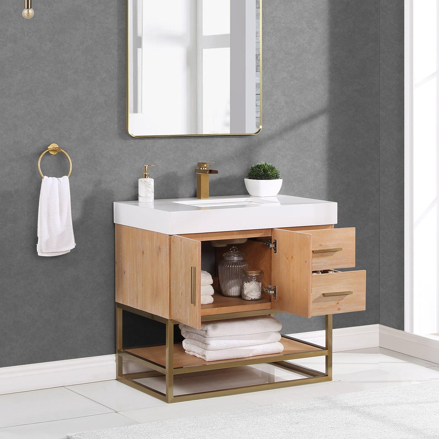 Altair Bianco 36" Light Brown Freestanding Single Bathroom Vanity Set With Brushed Gold Support Base, White Composite Stone Top, Single Rectangular Undermount Ceramic Sink, and Overflow