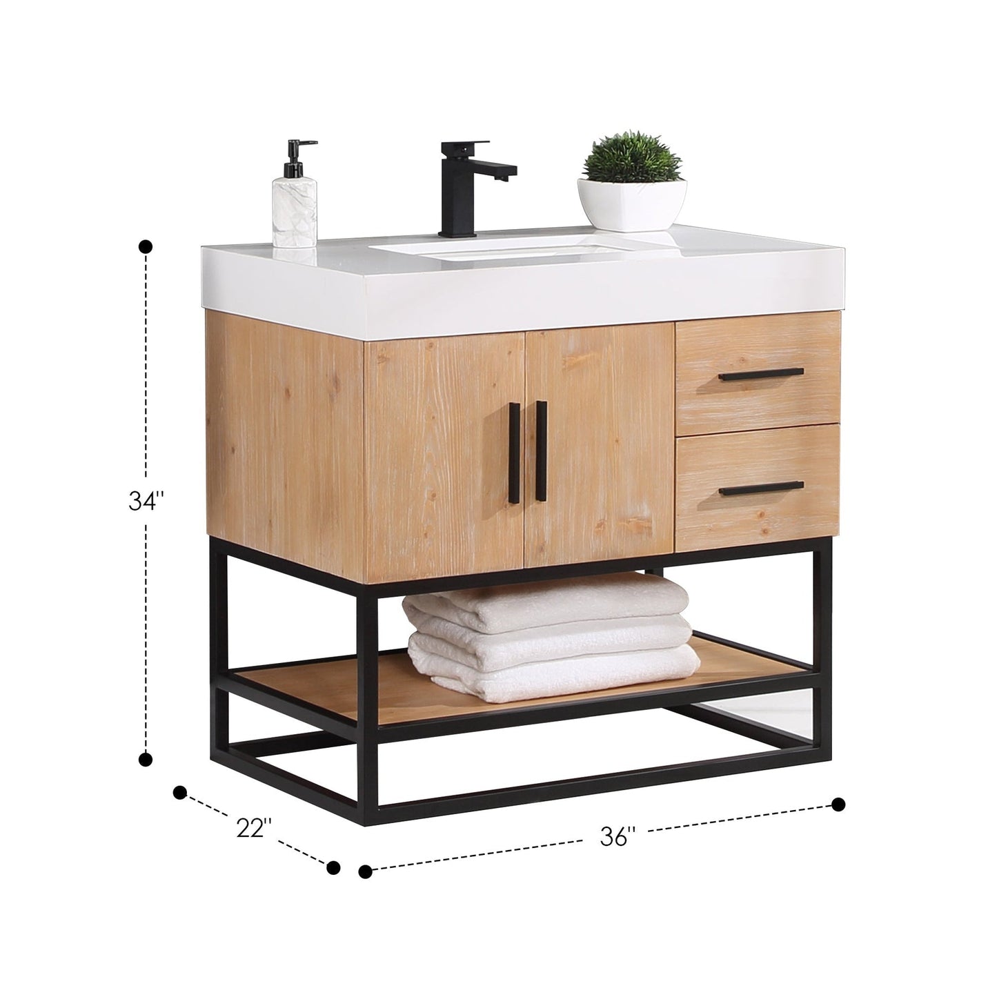 Altair Bianco 36" Light Brown Freestanding Single Bathroom Vanity Set With Matte Black Support Base, Mirror, White Composite Stone Top, Single Rectangular Undermount Ceramic Sink, and Overflow