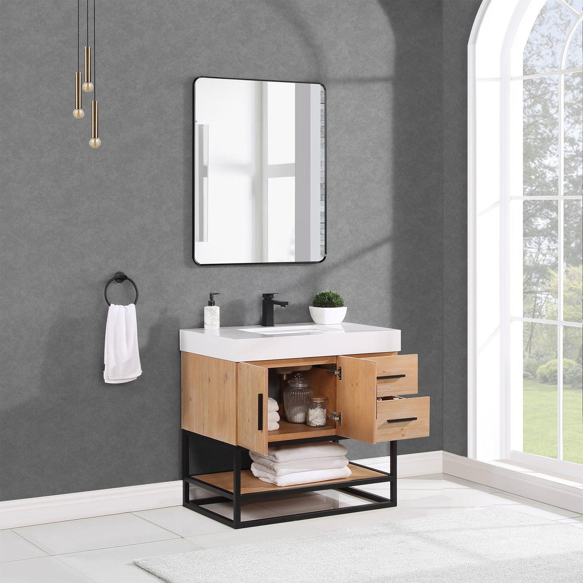 Altair Bianco 36" Light Brown Freestanding Single Bathroom Vanity Set With Matte Black Support Base, Mirror, White Composite Stone Top, Single Rectangular Undermount Ceramic Sink, and Overflow