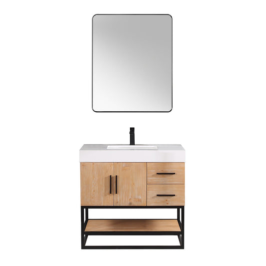 Altair Bianco 36" Light Brown Freestanding Single Bathroom Vanity Set With Matte Black Support Base, Mirror, White Composite Stone Top, Single Rectangular Undermount Ceramic Sink, and Overflow