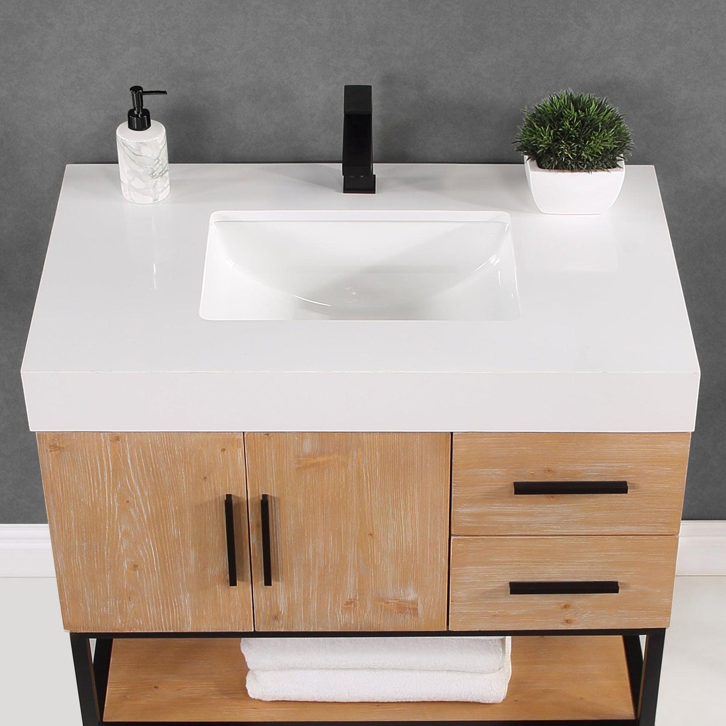 Altair Bianco 36" Light Brown Freestanding Single Bathroom Vanity Set With Matte Black Support Base, Mirror, White Composite Stone Top, Single Rectangular Undermount Ceramic Sink, and Overflow