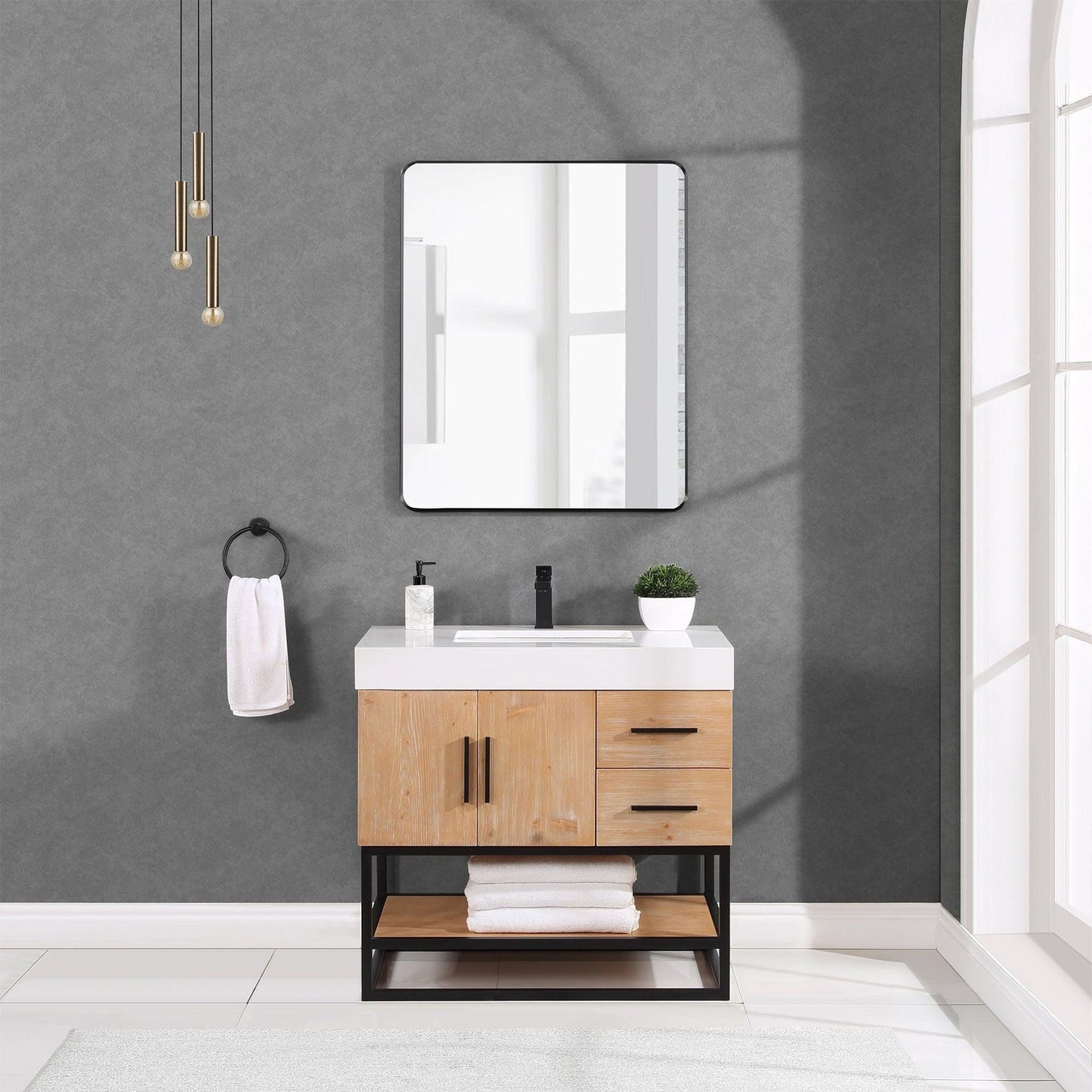 Altair Bianco 36" Light Brown Freestanding Single Bathroom Vanity Set With Matte Black Support Base, Mirror, White Composite Stone Top, Single Rectangular Undermount Ceramic Sink, and Overflow