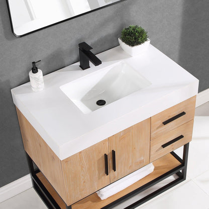 Altair Bianco 36" Light Brown Freestanding Single Bathroom Vanity Set With Matte Black Support Base, Mirror, White Composite Stone Top, Single Rectangular Undermount Ceramic Sink, and Overflow