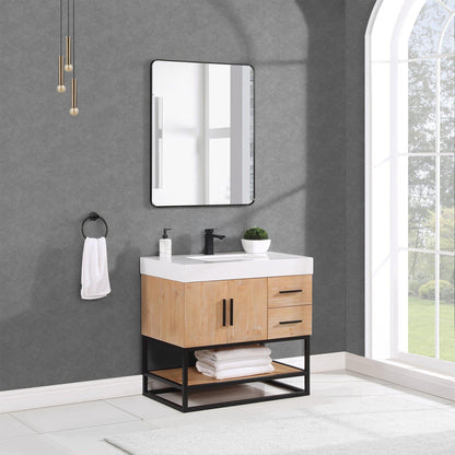 Altair Bianco 36" Light Brown Freestanding Single Bathroom Vanity Set With Matte Black Support Base, Mirror, White Composite Stone Top, Single Rectangular Undermount Ceramic Sink, and Overflow