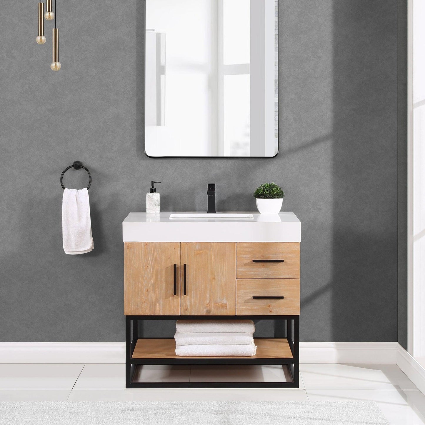 Altair Bianco 36" Light Brown Freestanding Single Bathroom Vanity Set With Matte Black Support Base, White Composite Stone Top, Single Rectangular Undermount Ceramic Sink, and Overflow