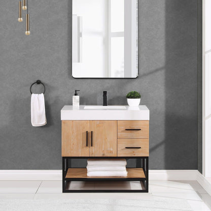 Altair Bianco 36" Light Brown Freestanding Single Bathroom Vanity Set With Matte Black Support Base, White Composite Stone Top, Single Rectangular Undermount Ceramic Sink, and Overflow