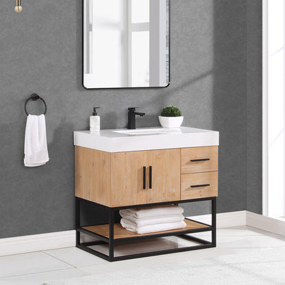 Altair Bianco 36" Light Brown Freestanding Single Bathroom Vanity Set With Matte Black Support Base, White Composite Stone Top, Single Rectangular Undermount Ceramic Sink, and Overflow