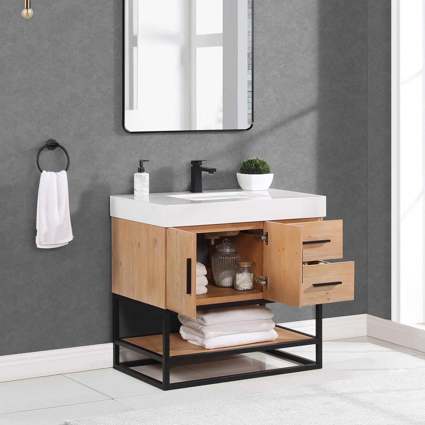 Altair Bianco 36" Light Brown Freestanding Single Bathroom Vanity Set With Matte Black Support Base, White Composite Stone Top, Single Rectangular Undermount Ceramic Sink, and Overflow