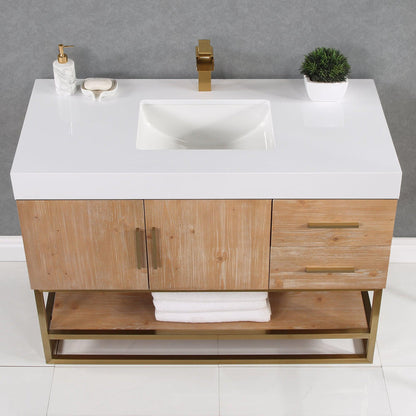 Altair Bianco 48" Light Brown Freestanding Single Bathroom Vanity Set With Brushed Gold Support Base, Mirror, White Composite Stone Top, Single Rectangular Undermount Ceramic Sink, and Overflow