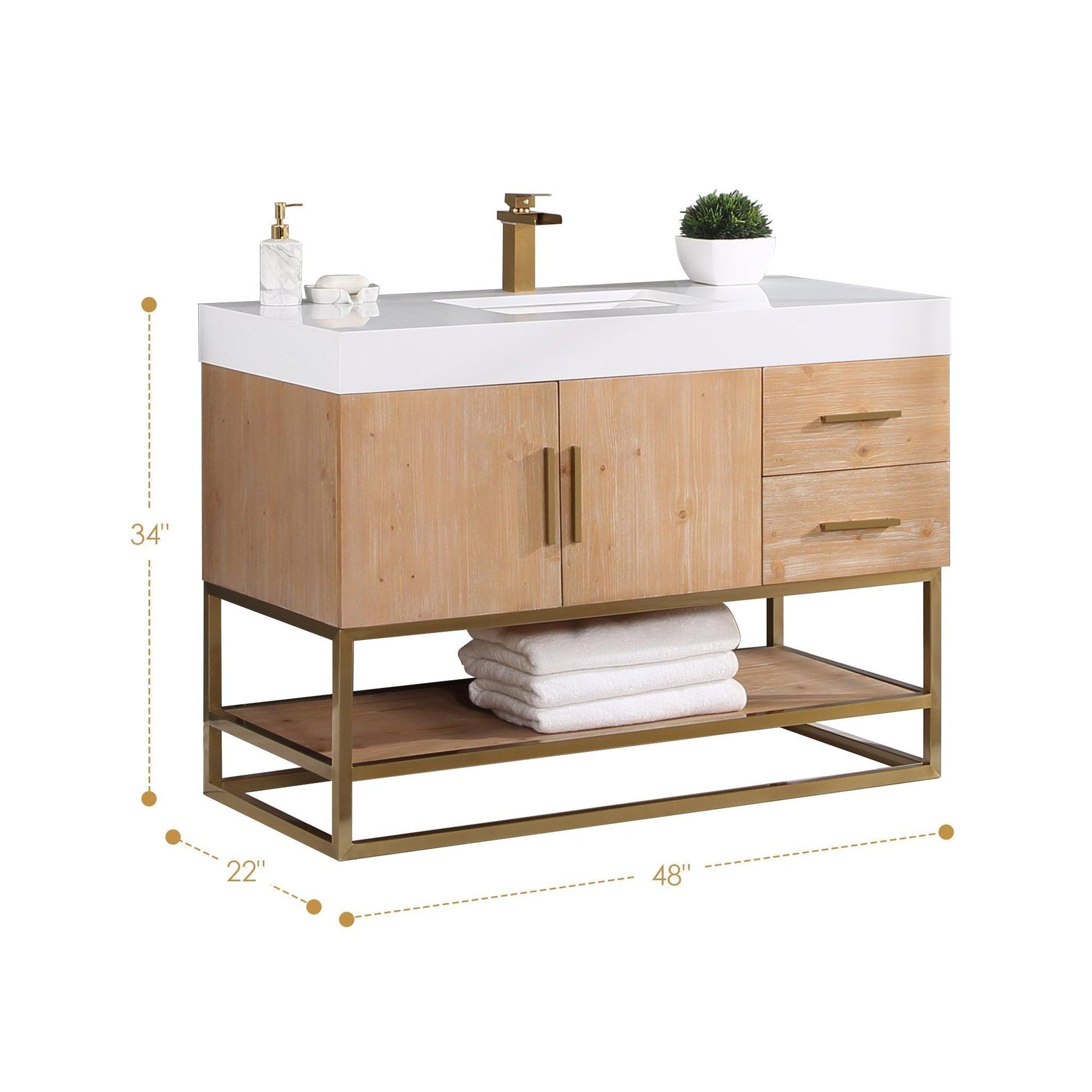 Altair Bianco 48" Light Brown Freestanding Single Bathroom Vanity Set With Brushed Gold Support Base, Mirror, White Composite Stone Top, Single Rectangular Undermount Ceramic Sink, and Overflow