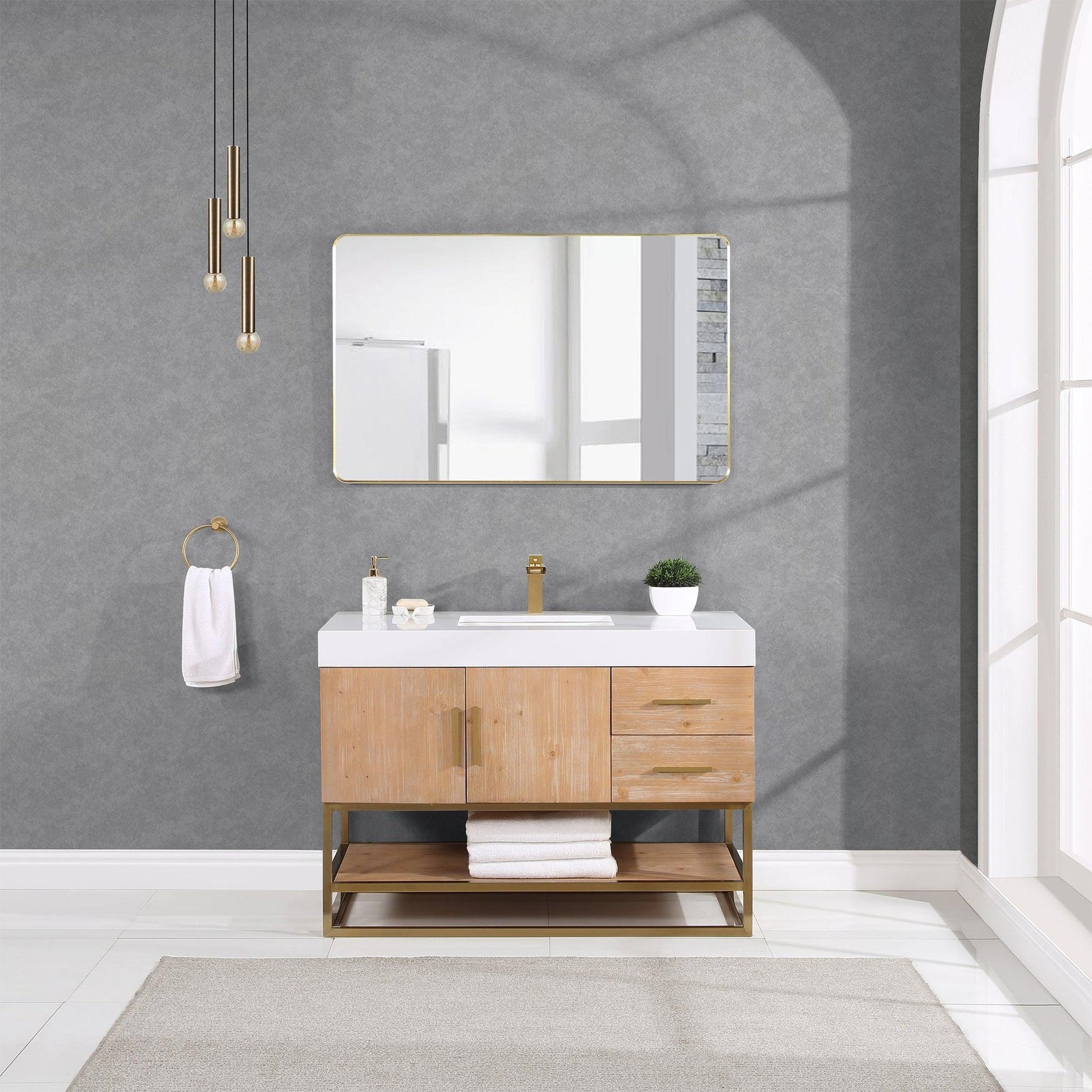 Altair Bianco 48" Light Brown Freestanding Single Bathroom Vanity Set With Brushed Gold Support Base, Mirror, White Composite Stone Top, Single Rectangular Undermount Ceramic Sink, and Overflow