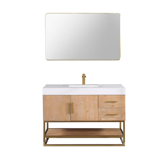 Altair Bianco 48" Light Brown Freestanding Single Bathroom Vanity Set With Brushed Gold Support Base, Mirror, White Composite Stone Top, Single Rectangular Undermount Ceramic Sink, and Overflow