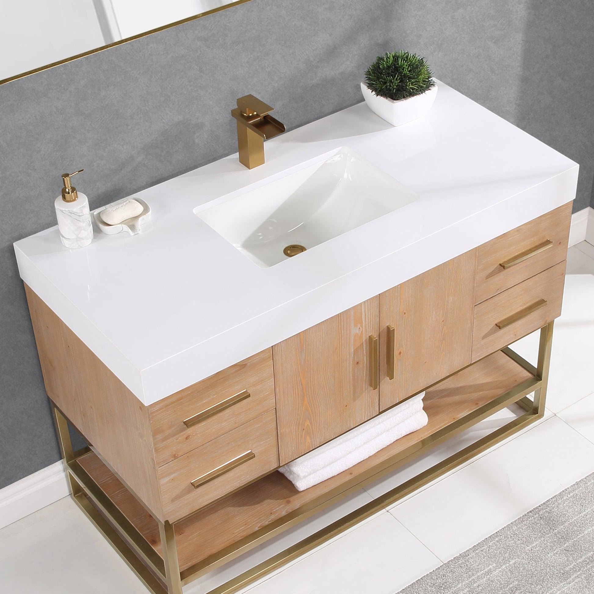 Altair Bianco 48" Light Brown Freestanding Single Bathroom Vanity Set With Brushed Gold Support Base, Mirror, White Composite Stone Top, Single Rectangular Undermount Ceramic Sink, and Overflow