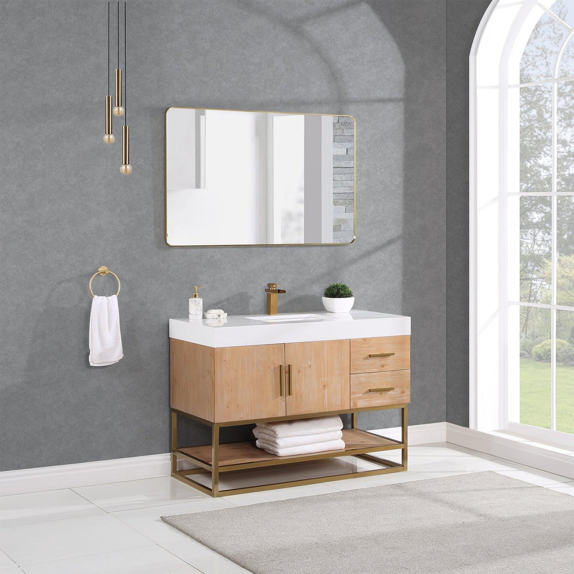 Altair Bianco 48" Light Brown Freestanding Single Bathroom Vanity Set With Brushed Gold Support Base, Mirror, White Composite Stone Top, Single Rectangular Undermount Ceramic Sink, and Overflow