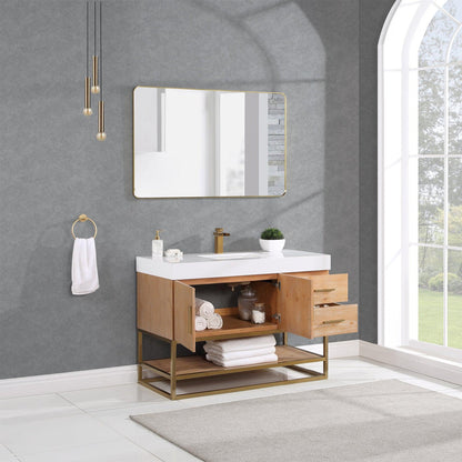 Altair Bianco 48" Light Brown Freestanding Single Bathroom Vanity Set With Brushed Gold Support Base, Mirror, White Composite Stone Top, Single Rectangular Undermount Ceramic Sink, and Overflow