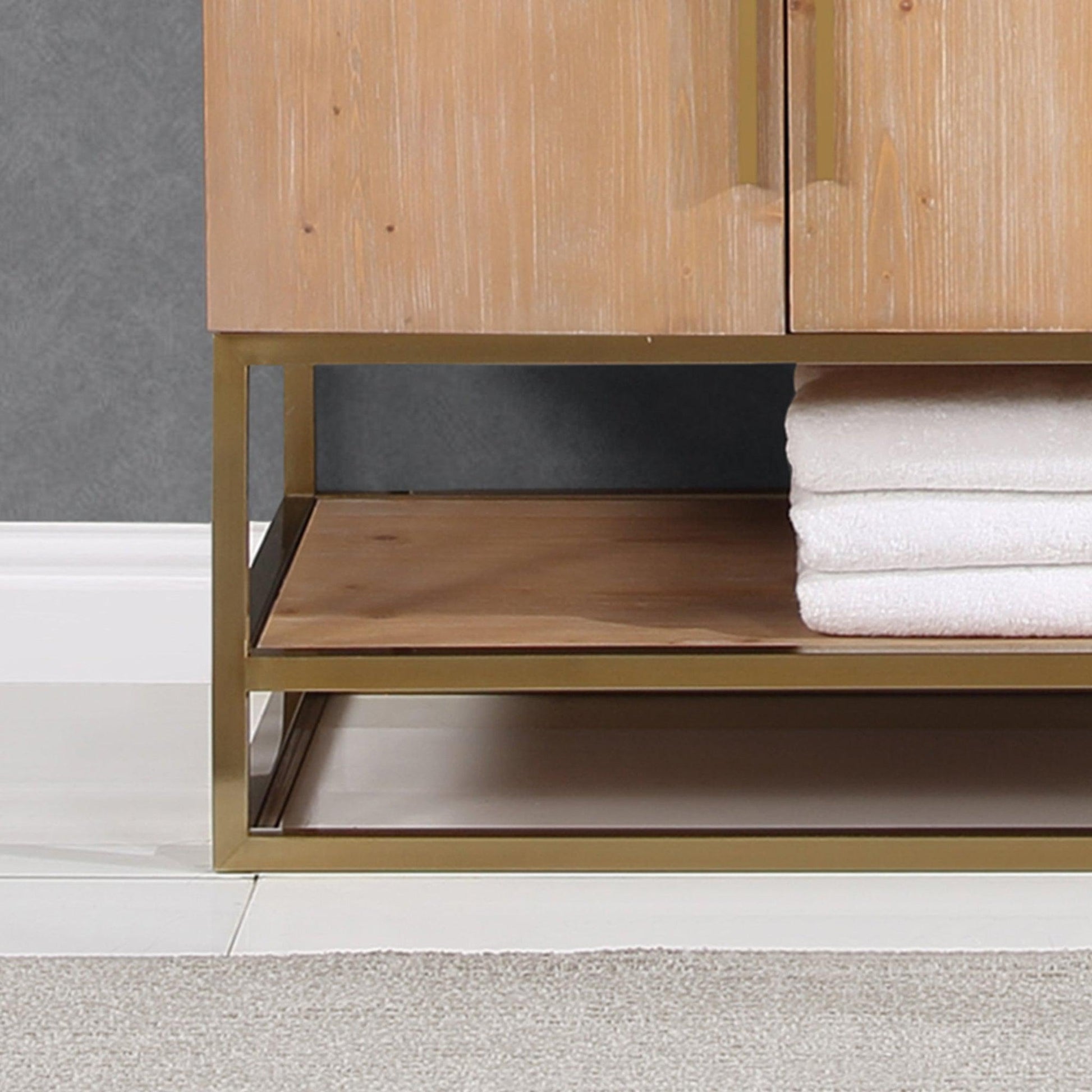 Altair Bianco 48" Light Brown Freestanding Single Bathroom Vanity Set With Brushed Gold Support Base, Mirror, White Composite Stone Top, Single Rectangular Undermount Ceramic Sink, and Overflow