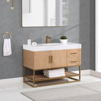 Altair Bianco 48" Light Brown Freestanding Single Bathroom Vanity Set With Brushed Gold Support Base, White Composite Stone Top, Single Rectangular Undermount Ceramic Sink, and Overflow