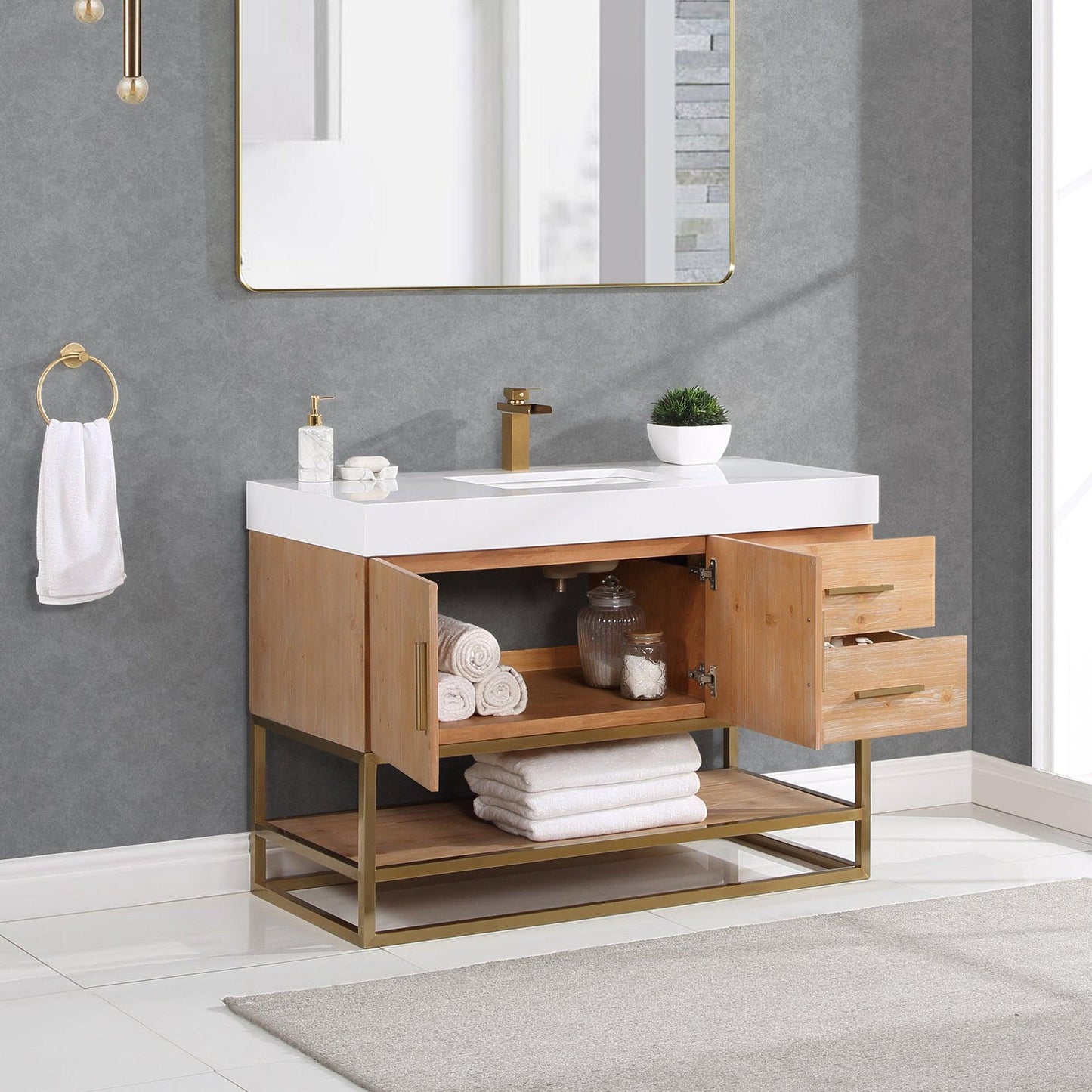 Altair Bianco 48" Light Brown Freestanding Single Bathroom Vanity Set With Brushed Gold Support Base, White Composite Stone Top, Single Rectangular Undermount Ceramic Sink, and Overflow