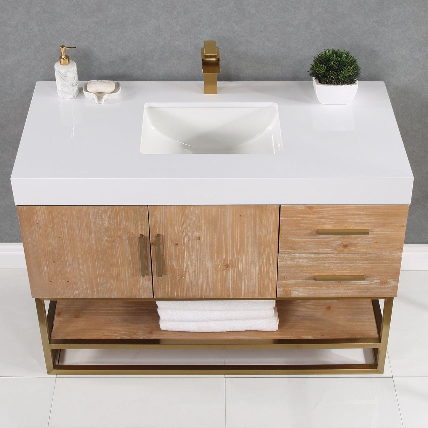 Altair Bianco 48" Light Brown Freestanding Single Bathroom Vanity Set With Brushed Gold Support Base, White Composite Stone Top, Single Rectangular Undermount Ceramic Sink, and Overflow