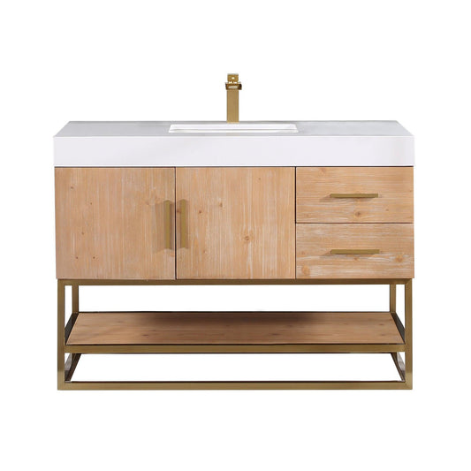 Altair Bianco 48" Light Brown Freestanding Single Bathroom Vanity Set With Brushed Gold Support Base, White Composite Stone Top, Single Rectangular Undermount Ceramic Sink, and Overflow